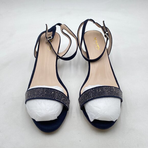 XYD Navy Open Toe Ankle Strap Wedding Kitten Heels Rhinestones Studded Sandals - Picture 3 of 8
